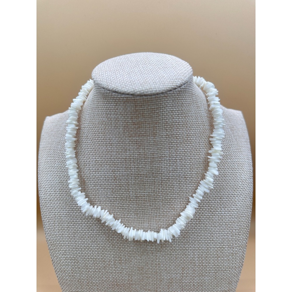 White Shell Chip Necklace Boho Beach Coastal Puka Surfer Vintage Statement Gift